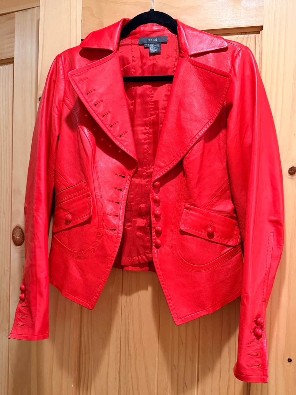 Red Leather Jacket Per Se by Carlisle Fitted Tailored Button-Front Women's 90s
